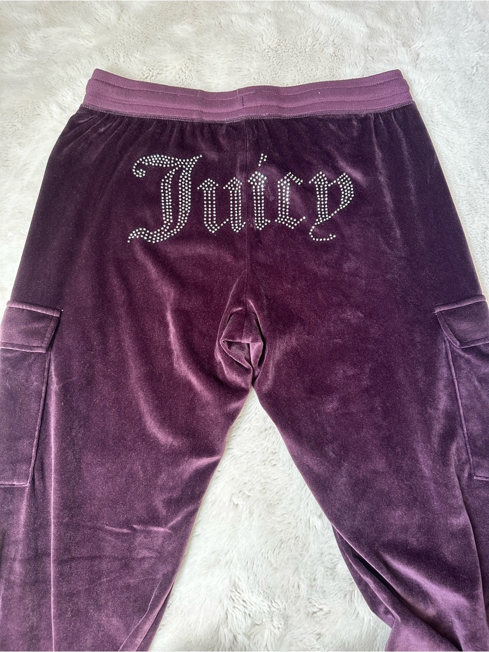 Juicy Couture Plum Velour Rhinestone Logo Cargo Pants